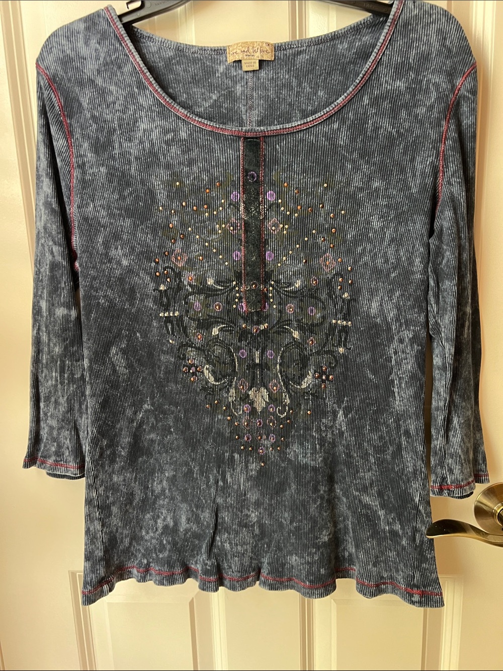 Navy Tie-Dyed Embellished Women's 3/4 Sleeve Top - Casual Chic